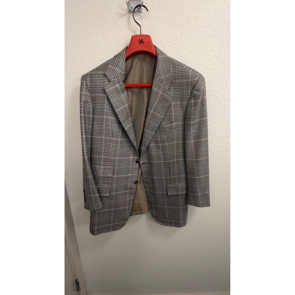 Kiton Napoli 100% Cashmere Sport Coat Blazer Glen Plaid Brown Blue IT 54 US 44 R